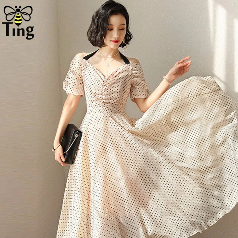 Tingfly Vintage Elegant Polka Dot Chiffon Summer Dress V neck Bow Tie Puff Sleeve A line Party Dresses Casual Dress Streetwear