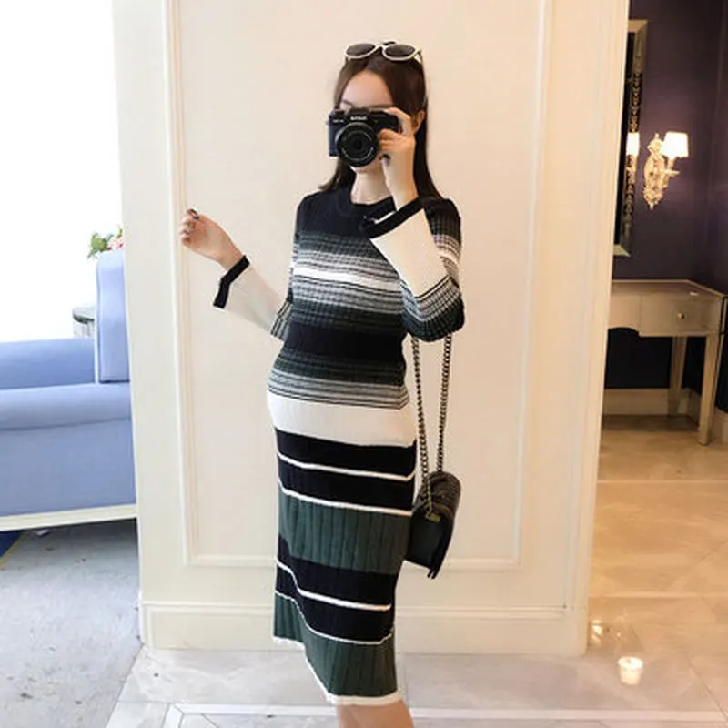 

Autumn Winter Knitted Pregnacy Women Dresses Elegant Striped Maternity Clothes for Pregnant Women Winter Thick Warm Dress