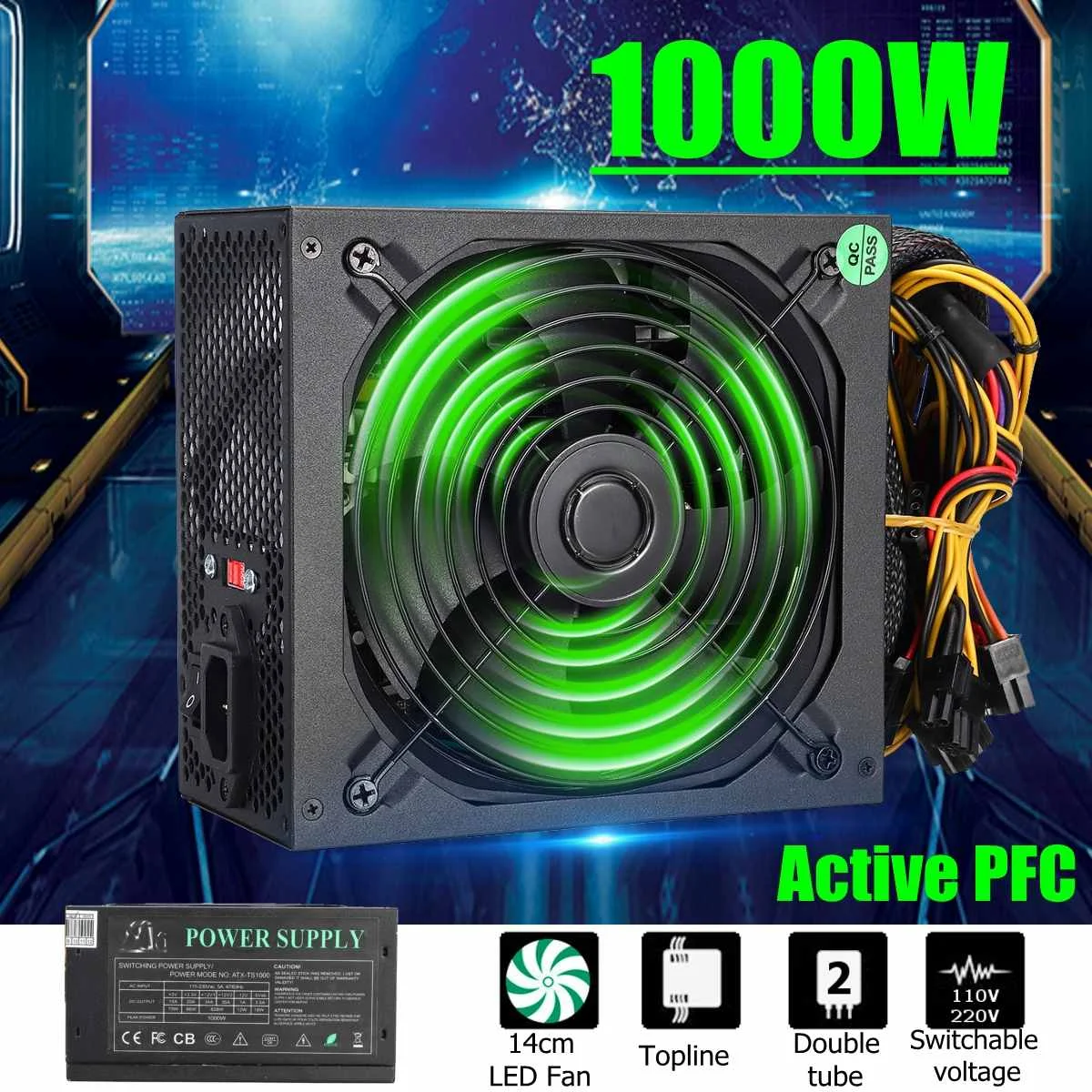 110~ 220V 1000W Питание 14 см светодиодный вентилятор 24 Pin активный PFC PCI SATA Блок питания ATX 12В компьютера Питание для настольного компьютера