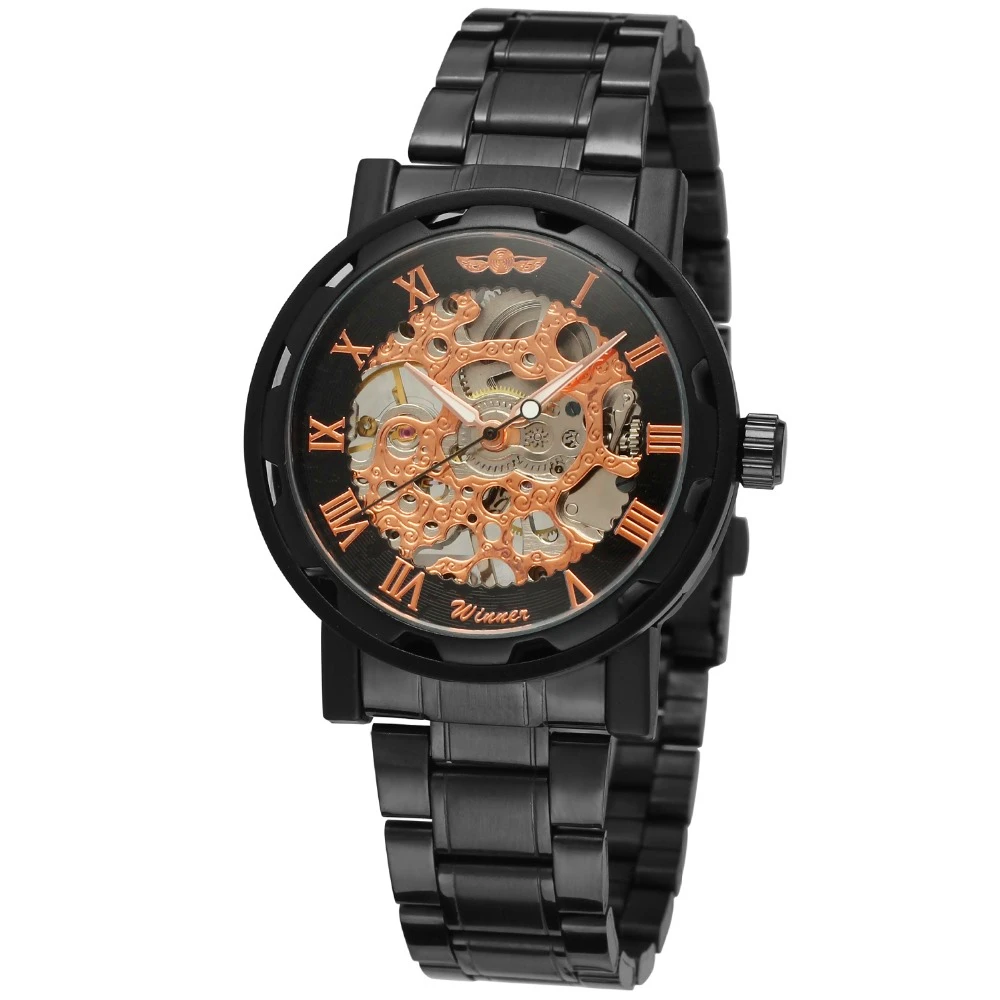 

Fashion WINNER Men Brand Roman Number Skeleton Stainless Steel Watch Mechanical Hand Wind Wristwatches Gift Box Relogio Releges
