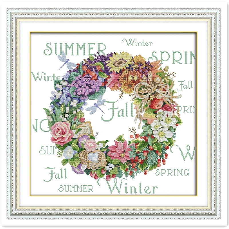 

Wreath of All Seasons (5) 11CT Printed On Canvas DMC Cross Stitch Fabric DIY Set Chinese Counted Cross Stitch Pattern Home Decor