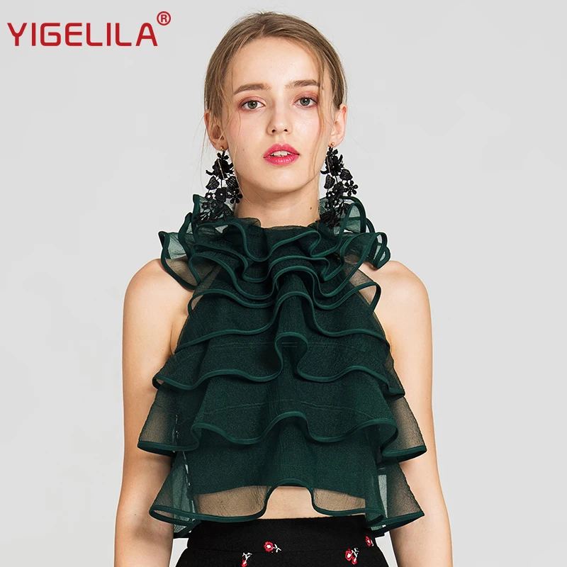 

YIGELILA 2019 Latest Summer Women Fashion Sexy Halter Off Shoulder Ruffles Solid Short Mesh Shirt Blouse 7531