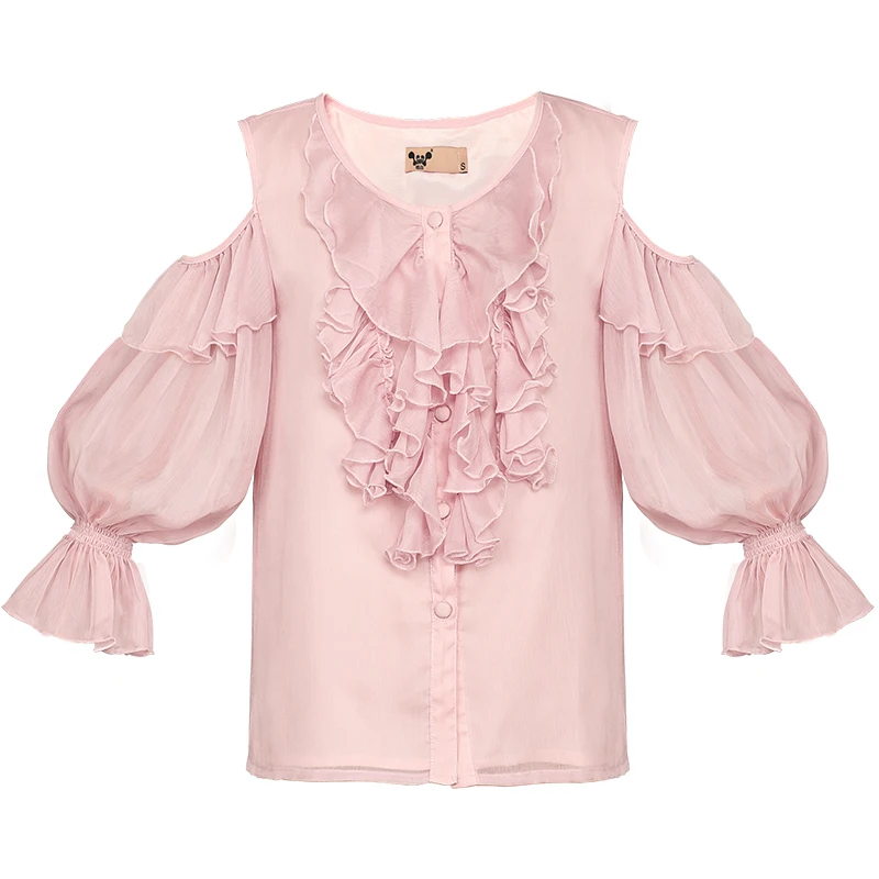 Free Shipping Boshow 2019 New Ruffles White Shirts For Women Three Quarter Sleeve Chiffon Blouses Tops S-L Spring And Autumn