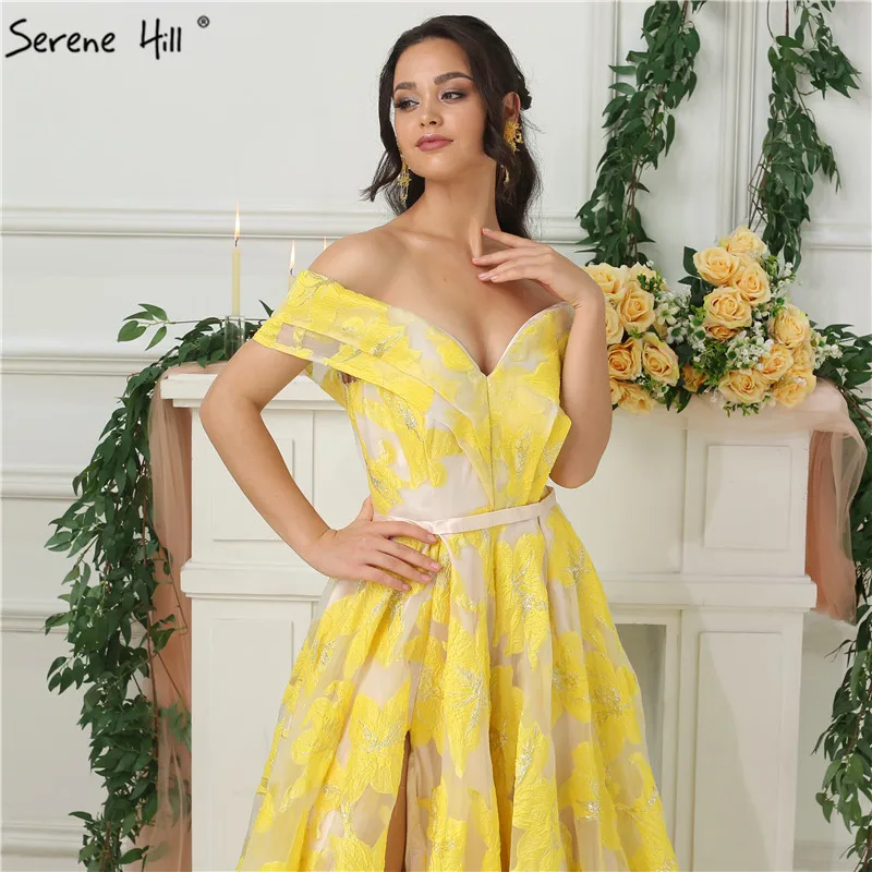 Новейшие модные желтые вечерние платья с открытыми плечами без рукавов с цветочным принтом, Сексуальные вечерние платья Serene hilm LA6597