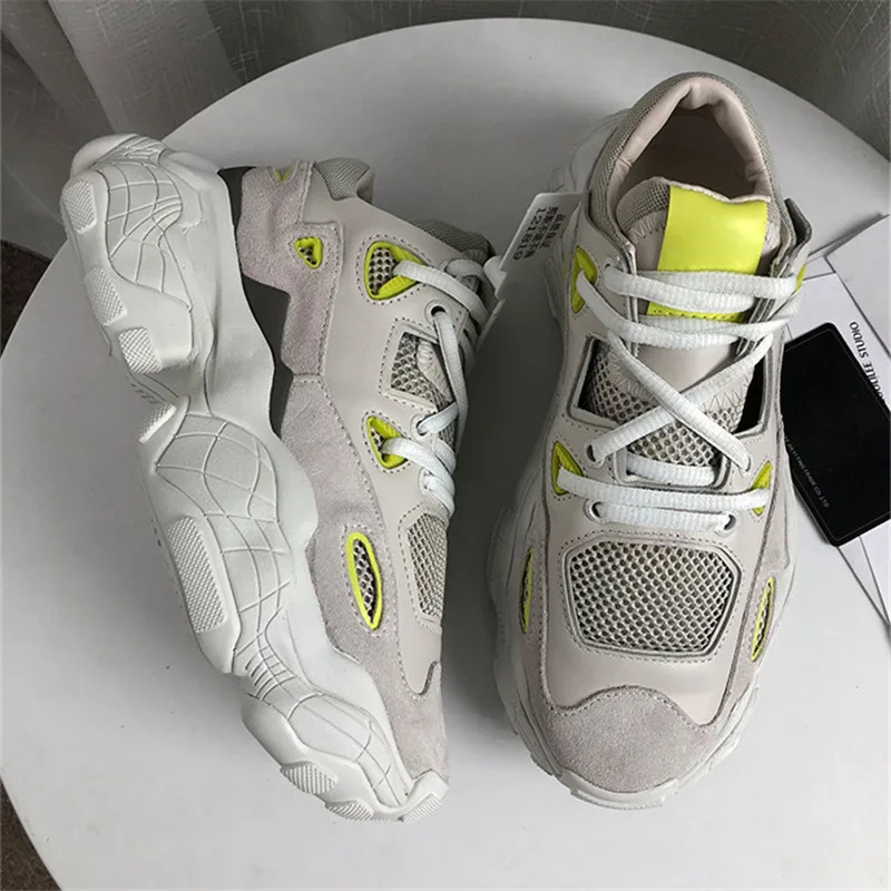 2019 Turnschuhe Frau Frühling Dicken gebunden Mischfarbe Beiläufige Kappe Flatform Grey Kreuz Trainer Mesh Boden Air Schuhe yellow Neue Green Runde SIrAaI