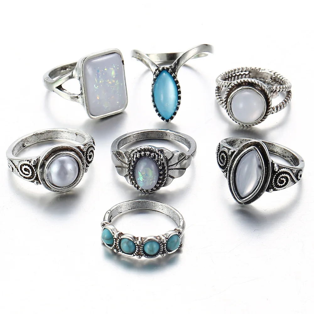 

7 pcs/set Knuckle Ring Set For Women Square Rhinestone Water Drop Round Crystal Middle Finger Rings Ancient Silver Color Jewelry