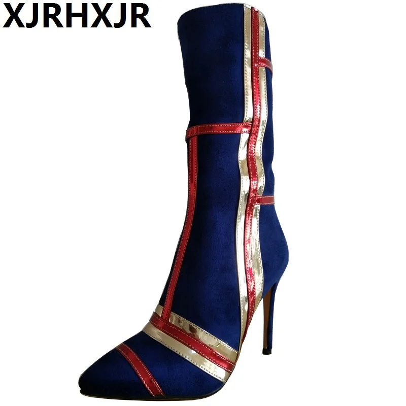 

XJRHXJR Autumn Winter Women Flock Suede Boots Shoes Woman Fashion Side Zipper Warm Thin Heels Patchwork Women Boots Pointed Toe