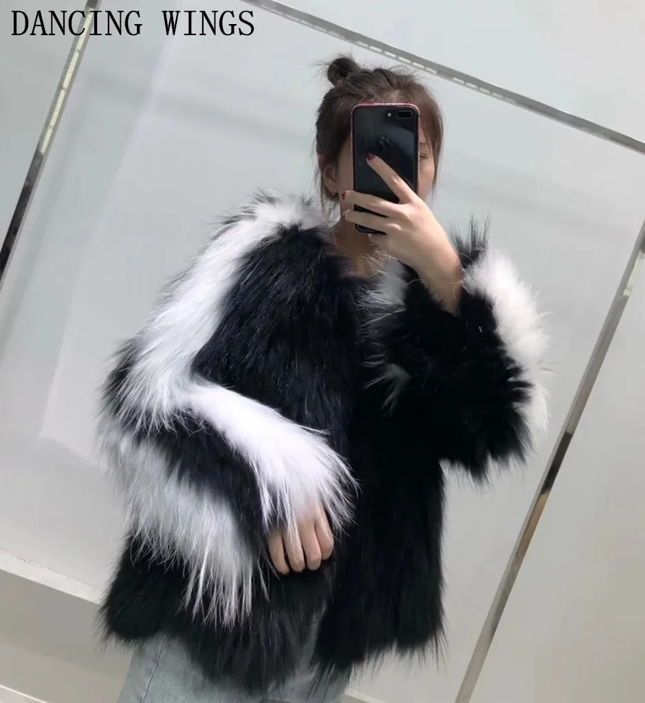 Real Fur Coat Natural Knitted Raccoon Dog Fur Coat Overcoat Short Style