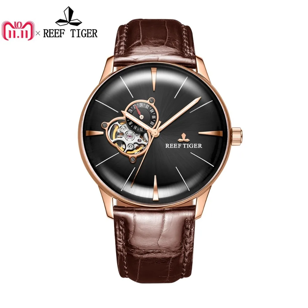 New Reef Tiger/RT Luxury Rose Gold Watches Men's Automatic Mechanical Watches Tourbillon Watches with Brown Leather Strap RGA823 New Reef Tiger/RT Luxury Rose Gold Watches Men's Automatic Mechanical Watches Tourbillon Watches with Brown Leather Strap RGA823