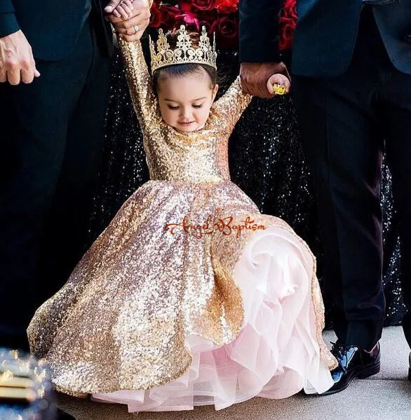 

Glitter long sleeves golden sequins ball gown puffy girl pageant dresses little princess 1st birthday party gown for photoshoot