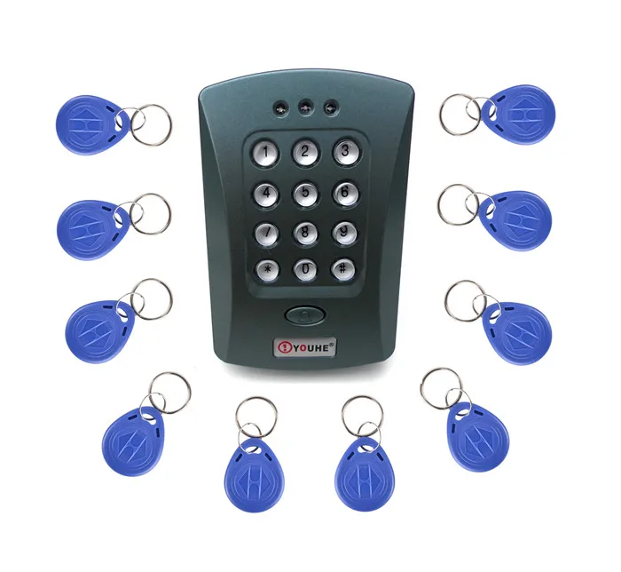

10pcs Key Fobs Free + Gray V2000+125KHz Door RFID Keypad Proximity ID Card Reader Access Controller System