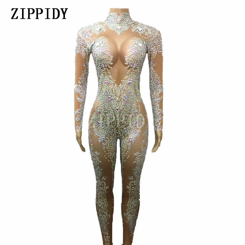Skup AB dżetów świecący kombinezon moda Sexy Nude Big Stretch kostium taneczny jednoczęściowy body strój urodzinowy Party legginsy
