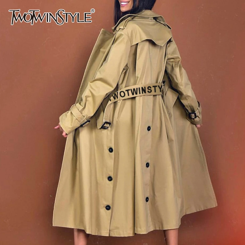 

TWOTWINSTYLE Elegant Solid Women's Windbreaker Lapel Collar Long Sleeve Sashes Trench Coat Female 2019 Fashion Autumn New