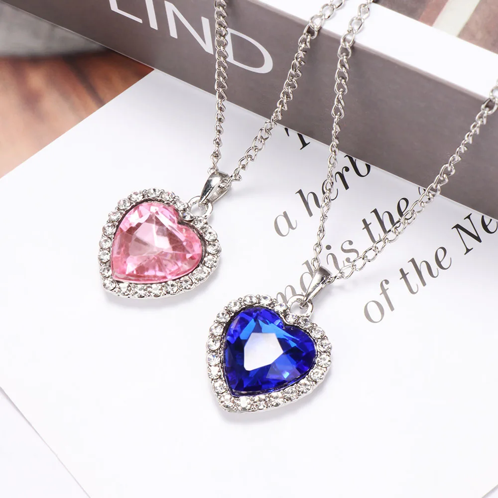 Мода океана сердце кулон ожерелье s для женщин розовые синие прозрачные стразы посеребренный металл колье ожерелье ювелирные изделия подарок
