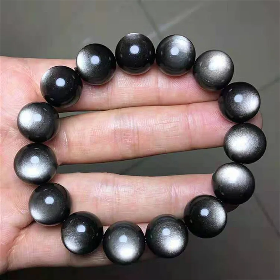 

Natural Silver Obsidian Grey White Light Gem stone Round Beads Bracelet 12mm AAAA
