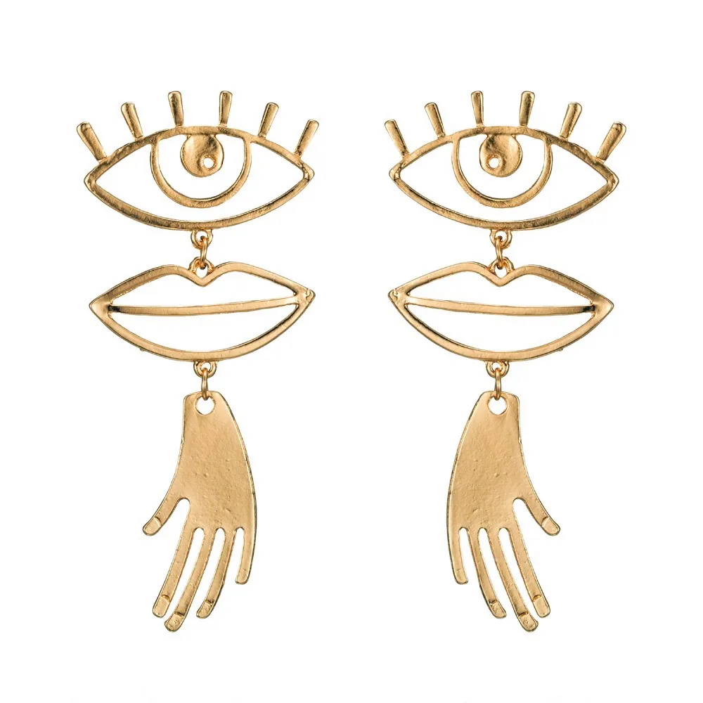 KISSWIFE Abstract Face Drop Earrings Fashion Jewelry Vintage Metal Geometric Hollow Eye Lip Palm Statement Earrings for Women