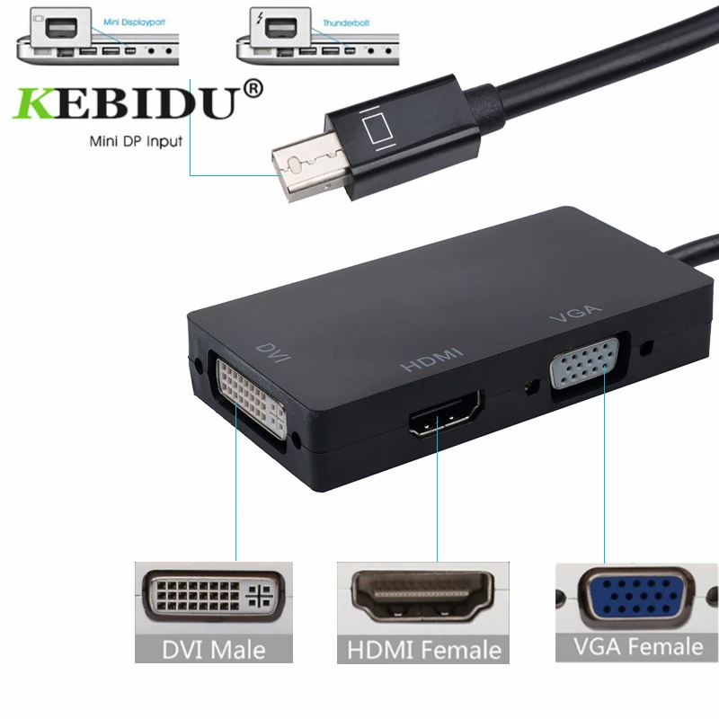 Адаптер Kebidu 3 в 1 Mini DisplayPort to HDMI VGA DVI адаптер Thunderbolt конвертер Мини DP кабель 1080p для