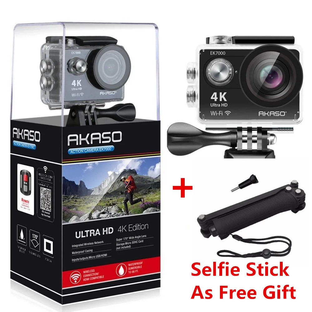 Stick as gift AKASO EK7000, 4 k, wifi, уличная спортивная экшн-камера, Ультра HD, водонепроницаемая, DV видеокамера, 12 МП, экстремальная подводная камера, 1080 p, 60fps, видео камера - Цвет: Stick as gift