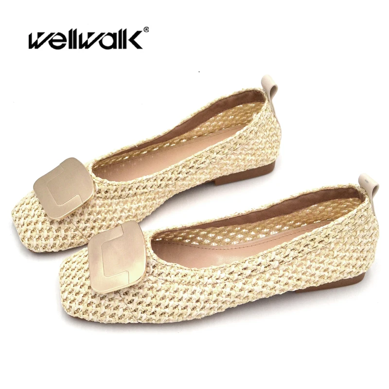 

Wellwalk Braided Cane Shoes Women Ballet Flats Foldable Ladies Weaving Ballerinas Female Straw Mat Slip On Moccasin Metal Buckle