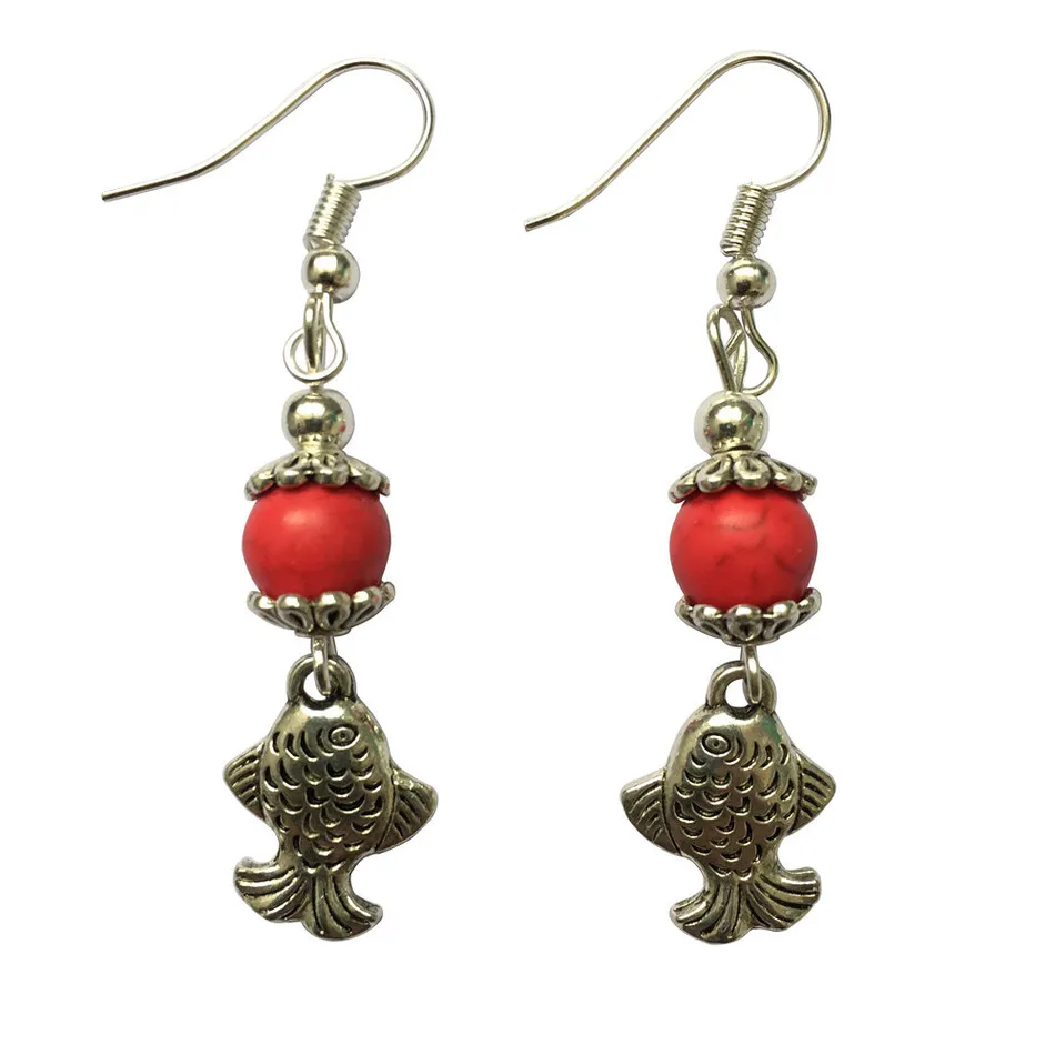 Pure Handmade Jewelry Fashion Tibetan Silver Plated Fish Earrings Red Turquoise Eardrop Dangler Women Accessories Free