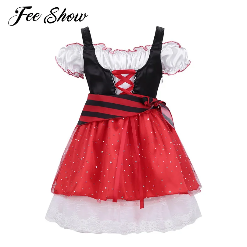 

Kids Girls Pirate Halloween Party Dress Cosplay Costumes Toddler Girls Clothes Glittery Sequins Short Sleeves Role Play Costumes
