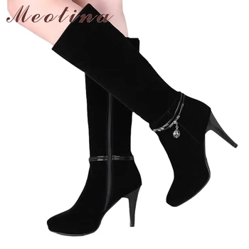 

Meotina Women Knee High Boots Platform High Heels Winter Boots Zipper Thin Heels Sexy Ladies Boots Autumn Black Botas Mujer