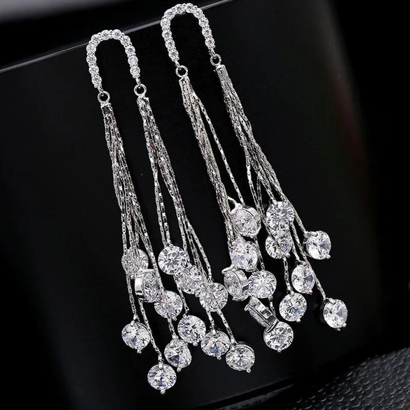 Милые серебряные Длинные серьги-гвоздики с кисточками, женские серьги с циркониевым камнем, модные ювелирные изделия, корейские серьги