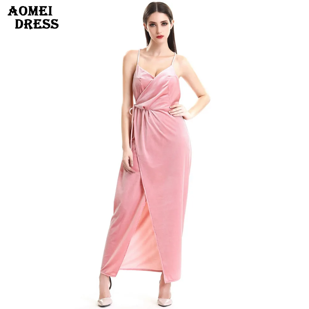 Women Velvet Sling V Neck Backless 2017 Sexy Spring Long Dress Ladies Slim Fashion Party Wear