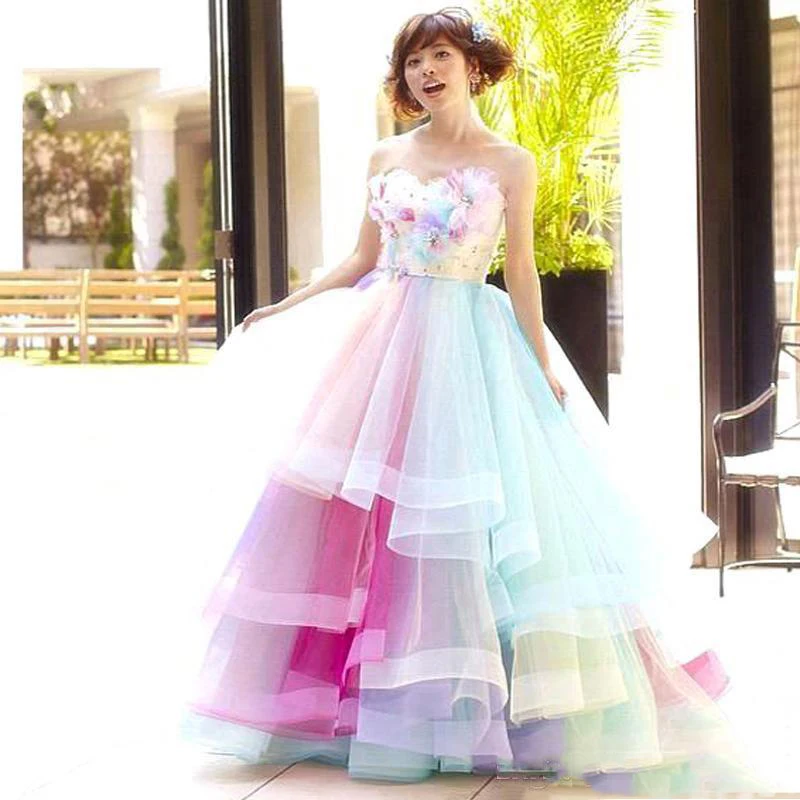 Vestido De Formatura Longo красочные радужные Бальные платья с 3D цветком женская блуза с послойным расположением ткани, оборочками и v-образным вырезом Вечерние платья Abendkleider