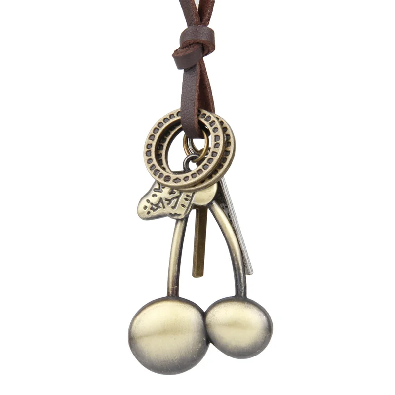 

NIUYITID Vintage Cherry Pendant Necklace Men Metal Chain Neckless Leather Rope Adjustable Retro Jewelry Boys Necklaces