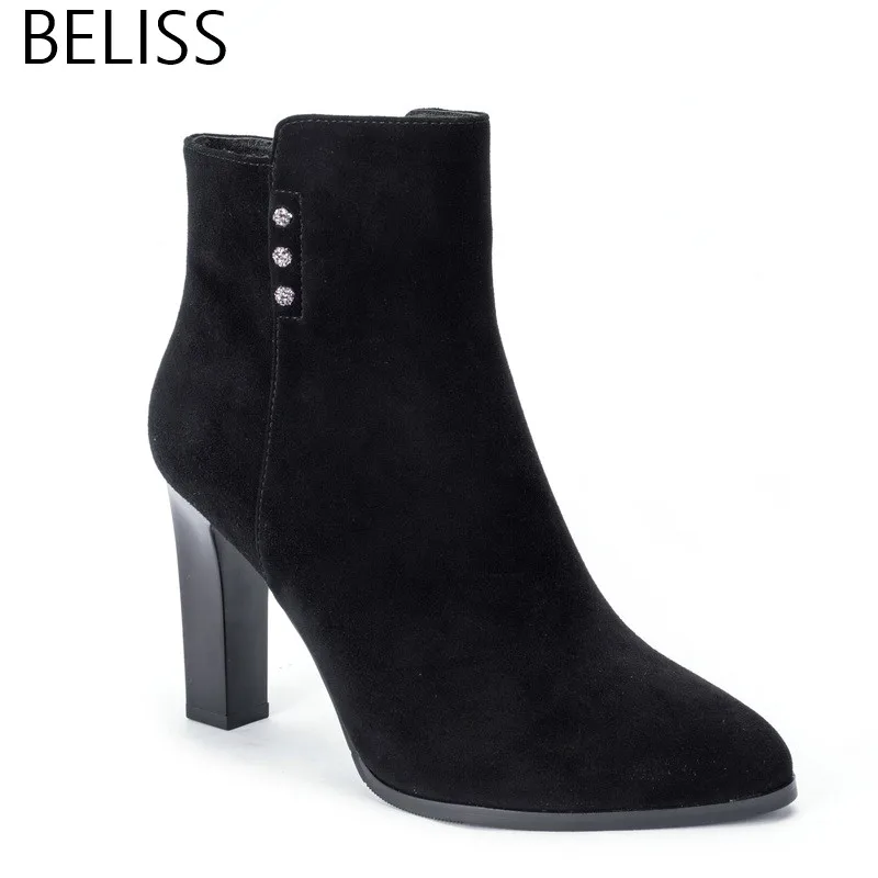 

BELISS 2018 35-41 fashion ankle boots for women high heels crystal suede handmade pointed toe shoes ladies spring autumn B7