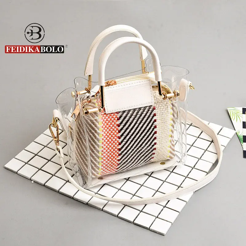 

Brand Waterproof Quilted Plaid Beach Handbags Women Summer Crossbody Bag PVC Transparent Composite Bags Set with Purse Female