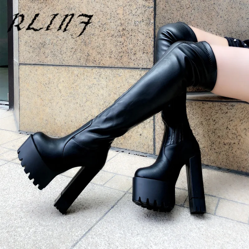 

RLINF High with Long Tube Plus Velvet Over The Knee Thin Legs Stretch Female Thick with Wild High Tube 14CM Women's Boots