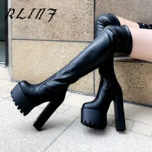 RLINF/высокие вельветовые сапоги-трубы выше колена на тонкую ногу, тянущиеся женские сапоги на толстой подошве 14 см
