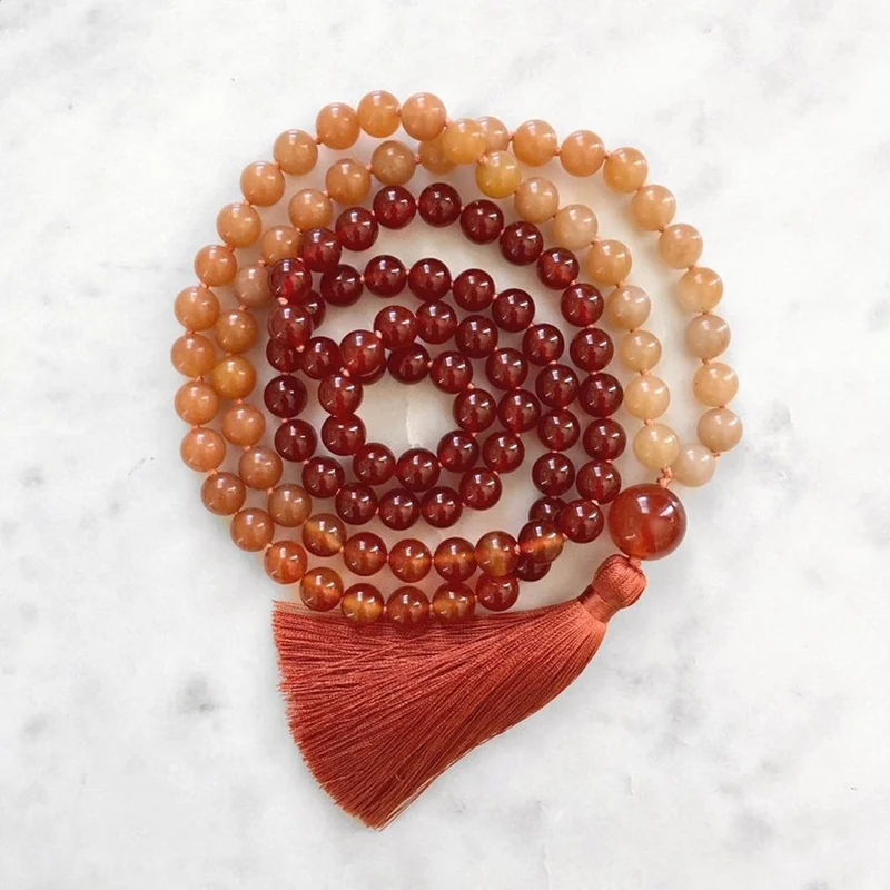 Mala 108 бусы ожерелье оранжевый авантюрин ожерелье с узелками с шелковой кисточкой Чакра Ювелирные изделия ожерелья с тематикой йоги для девушки