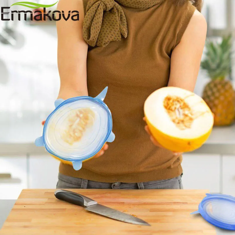 ERMAKOVA 6-Pieces силиконовые эластичные многоразовые крышки, чаши, силиконовые крышки для пищевых продуктов, уплотнительная крышка, контейнер, крышка, сохраняющая свежесть пищи, гаджет