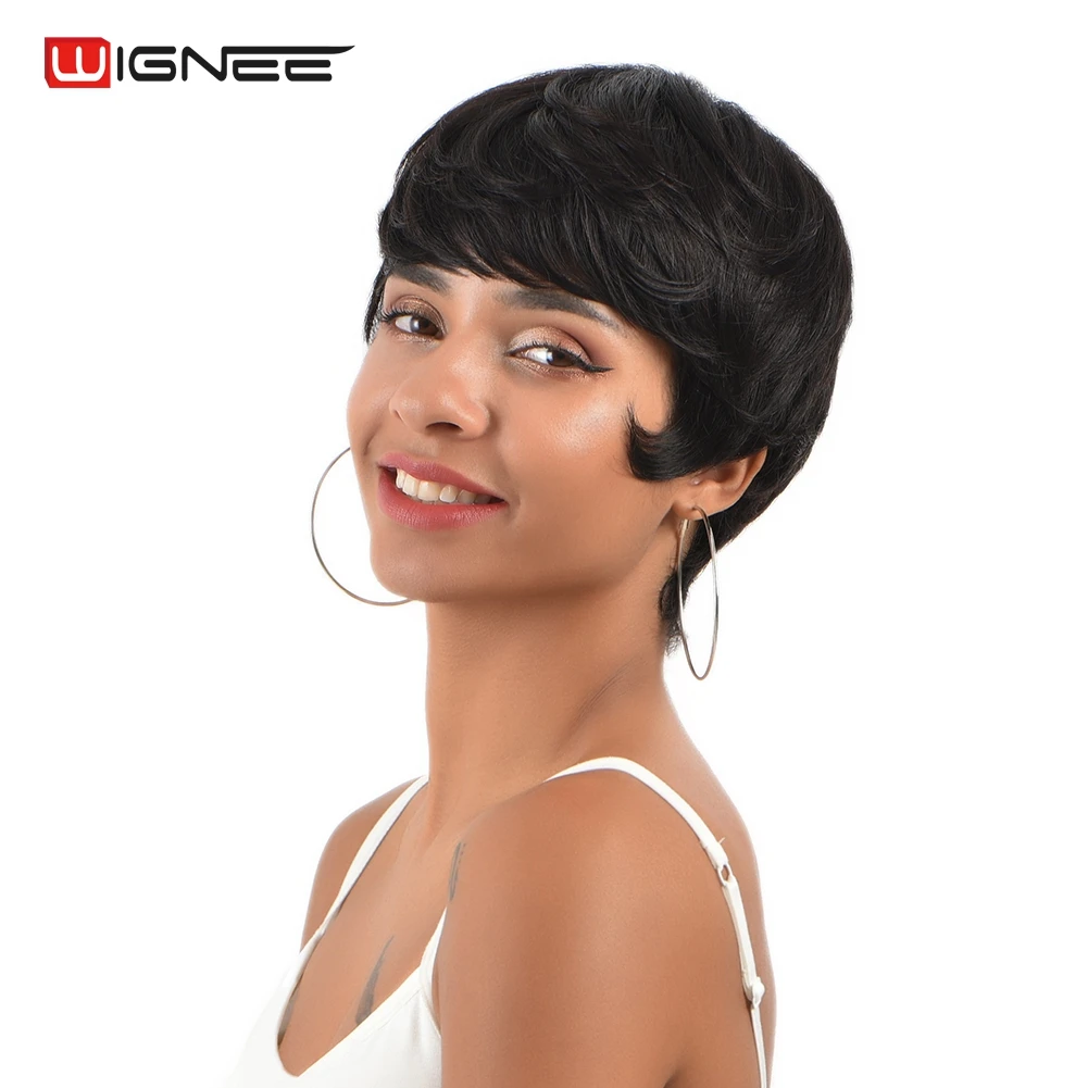 Wignee короткие человеческие волосы парики для черных женщин прямой Боб Прическа бразильские волосы remy 150% плотность натуральный черный цвет