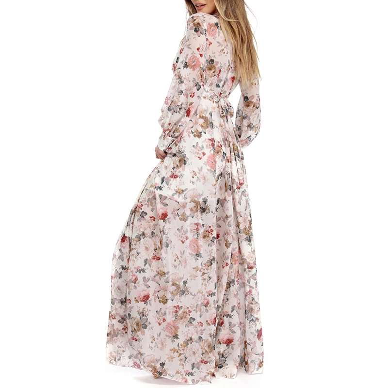 Plus Size Maxi Long Women Spring Summer Boho Beach Dress Loose Female Floral Print Chiffon Long Sleeve Casual Party Vestidos