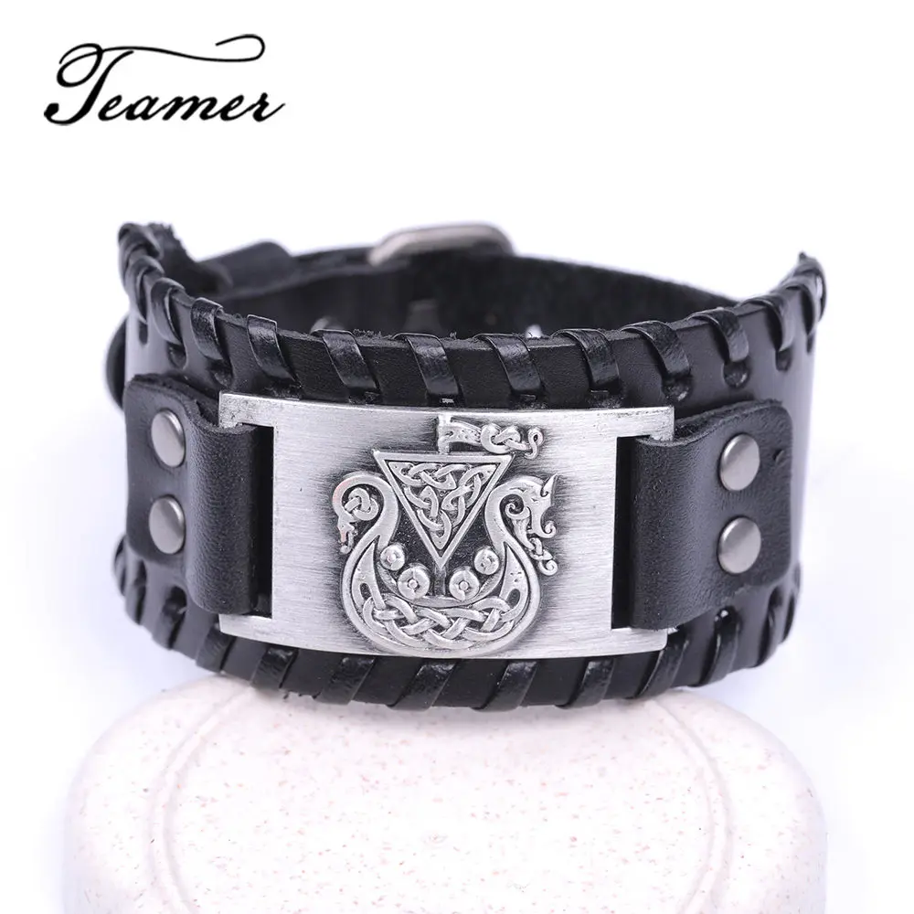 

Teamer Symbol Bracelets Viking Bangles Hidden Pirate Ship Irish Knot Amulet Wide Braided Genuine Wide Leather Bracelet Men