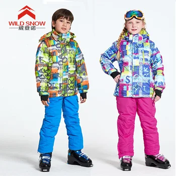 

Boys Girls Ski Jackets+Pants Winter Waterproof Windproof Kids Ski Set Children Outdoor Warm Hooded Snowboard Sports Suits 2PCS