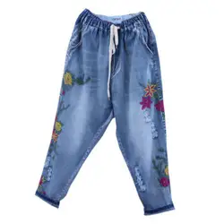 Высокая талия рваные джинсы для женщин Лето 2019 г. Повседневное Вышивка Цветочные эластичные длинные женские брюки джинсовые штаны плюс
