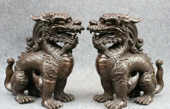 

wholesale factory 12" Folk Chinese Pure Bronze Guard Dragon Kylin Unicorn PiXiu Beast Statue Pair 25% off