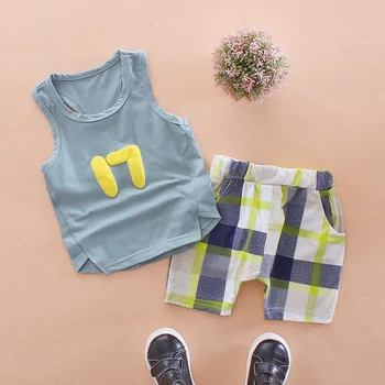 

New Fashion Baby Kids Toddler Boys Sets Clothes 2 Pieces Short Sleeve Cartoon T-shirt Pants Summer lattice Cotton Set Suits DS19