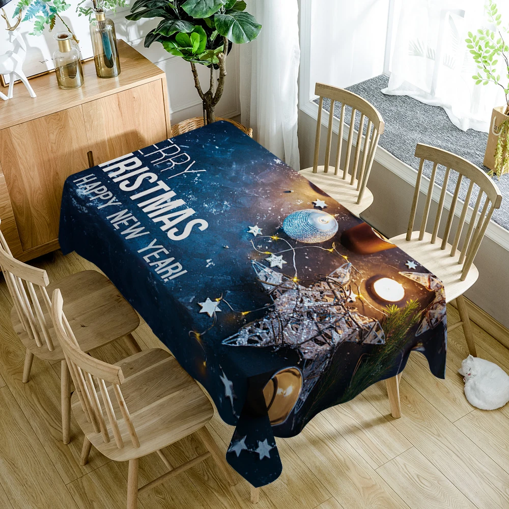  Christmas New Year 3d Tablecloth Golden Snowflake & Elk Pattern Washable Polyester Cotton Rectangul