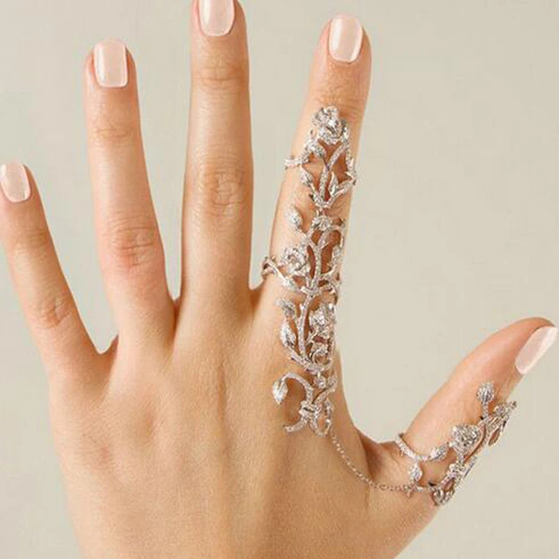 Gold Silver Chain Link Ring Full Rhinestone Vintage Flower Double Finger Rings For Womens Girls Party Jewelry Gifts Accessories | Украшения