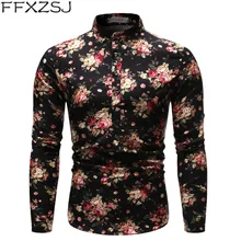 FFXZSJ Brand men's spring/autumn printed long-sleeved casual linen shirt with stand-up collar floral shirt European size 2019men slim plain long sleeved fashionable stand up collar shirt and shirt