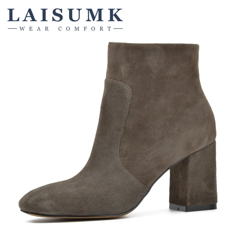 

2019 LAISUMK Sheep Suede Ankle Boots Fashion Square Toe Thick Heel Women High Heel Genuine Leather Boots