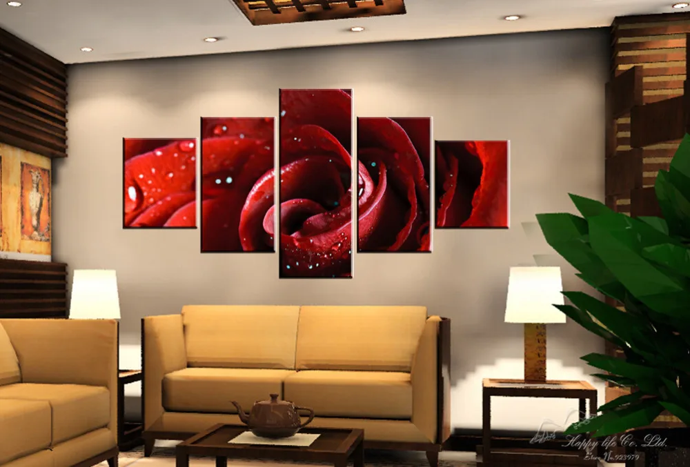 5 Panel Modern Painting Home Decorative Art Picture Paint On Canvas 5 Panel Modern Painting Home Decorative Art Picture Paint On Canvas Prints Blood Red Roses And Dew Coquettish
