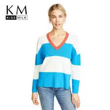 Kissmilk размера плюс v-образный вырез короткий простой милый девичий Элегантный Стиль Повседневный хит-вязаный свитер