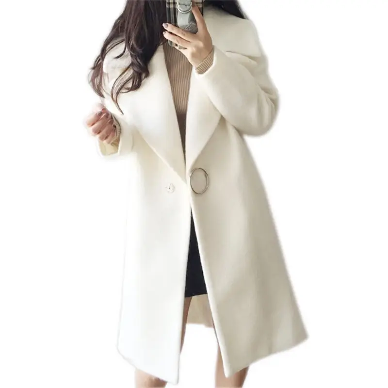

2019 White Wool Blend Coat Women Lapel Long Parka Winter Jacket Cocoon Style Elegant Woolen Coat Thicken Female Outerwear RE2189